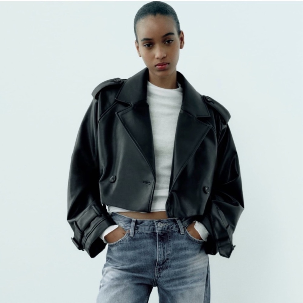 Zara Oversized Cropped Faux Leather Trench Black Jacket Size Medium